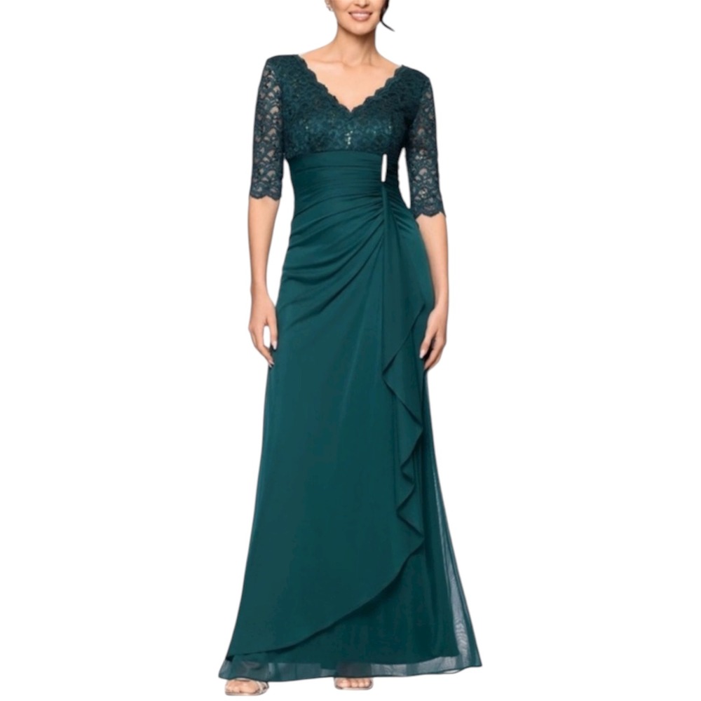 Betsy Adam "Johanna" Pine 3/4 Sleeve Sheer Matte Jersey Formal Long Gown sz 12
